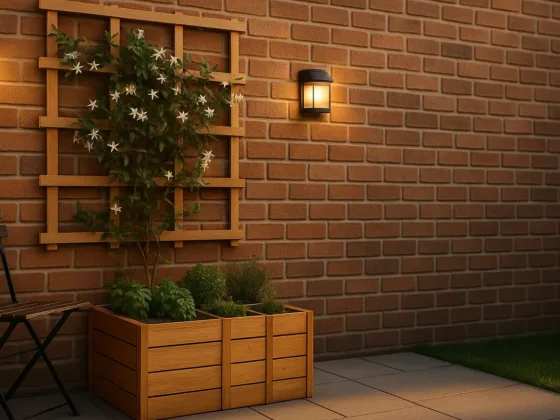 DIY outdoor wall decor: cedar slatted feature wall with powder-coated metal art panel, planter box, and warm solar sconces