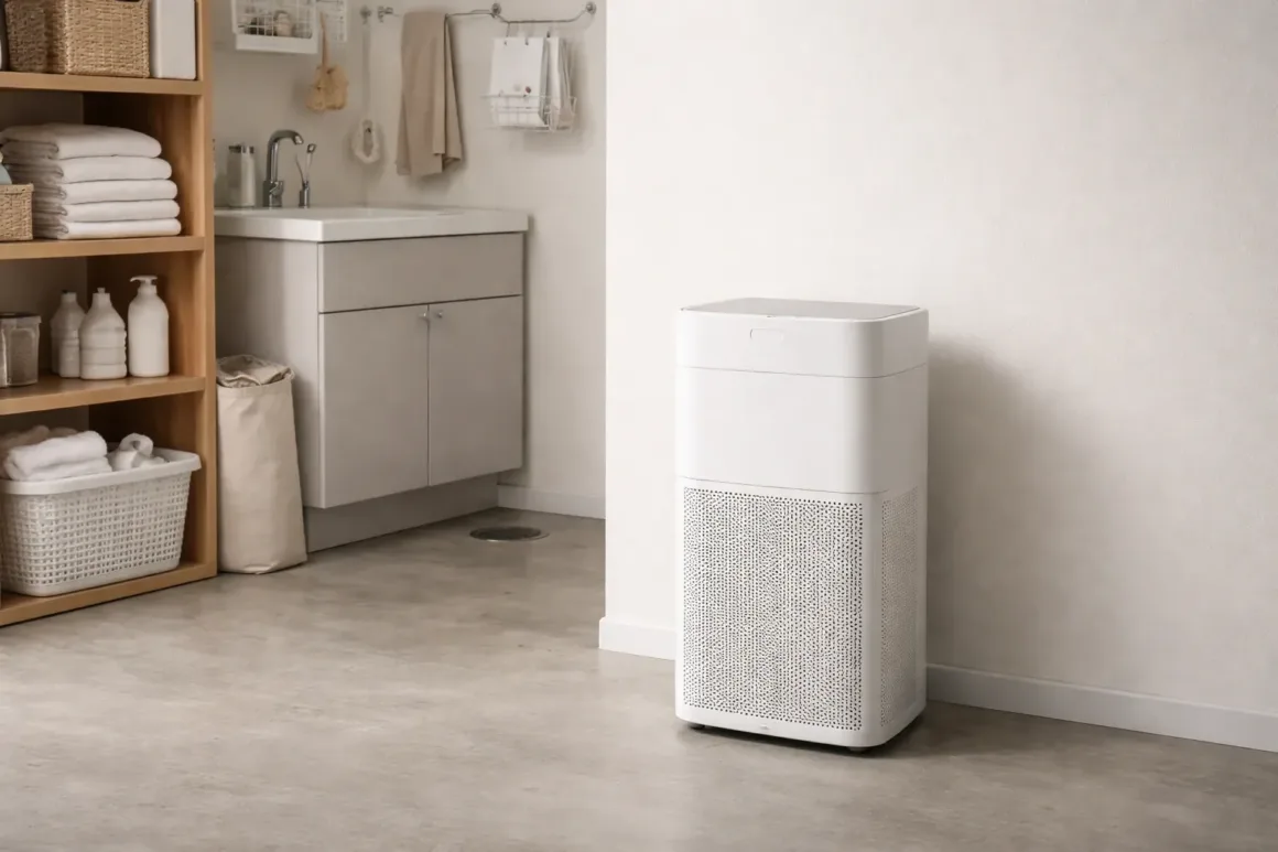 Air purifier placed in a utility room, illustrating its limited role in managing indoor air conditions rather than addressing mold sources.