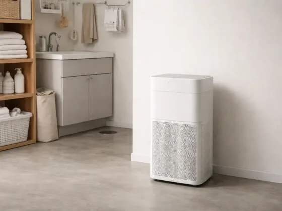 Air purifier placed in a utility room, illustrating its limited role in managing indoor air conditions rather than addressing mold sources.