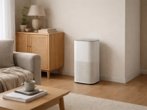 Air purifier placed quietly in a calm home living space.