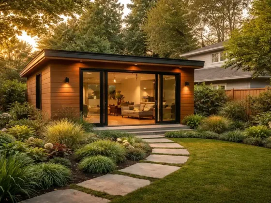 modern backyard ADU guest house with landscaped garden and stone pathway behind a suburban home