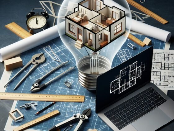 Architect's tools and laptop with 3D home design and 2D floor plan inside a light bulb.