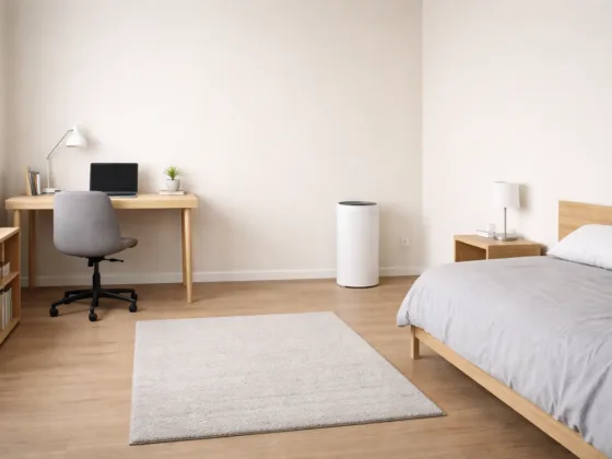 Air purifier shown in a modest-sized room to illustrate scale and placement