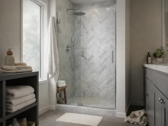 A real bathroom with a frameless glass shower, neutral tiles, and soft natural light, showing a clean and lived-in layout