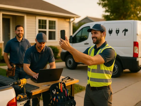 How to market business online as a tradesman — team filming tech-tip video beside service van