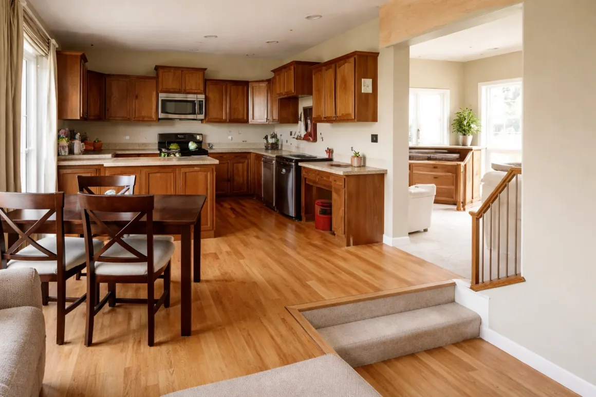 Split-level kitchen interior showing a subtle change in floor height near a stair opening.