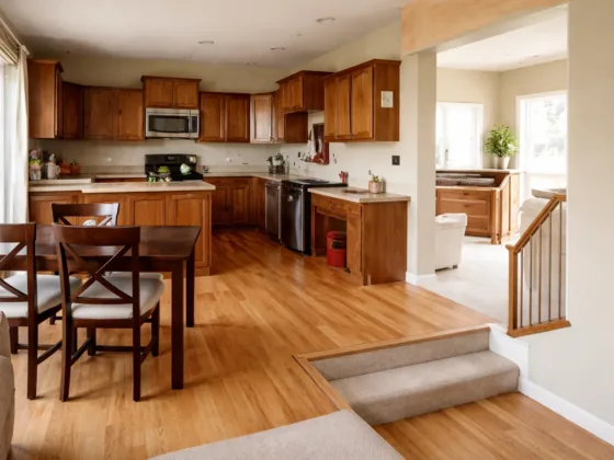 Split-level kitchen interior showing a subtle change in floor height near a stair opening.