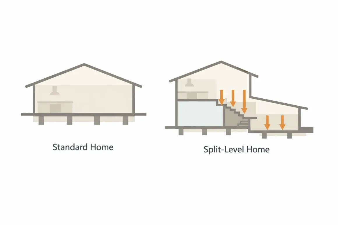 Diagram comparing standard home and split-level home layouts, highlighting how floor levels and load paths differ near stair transitions.