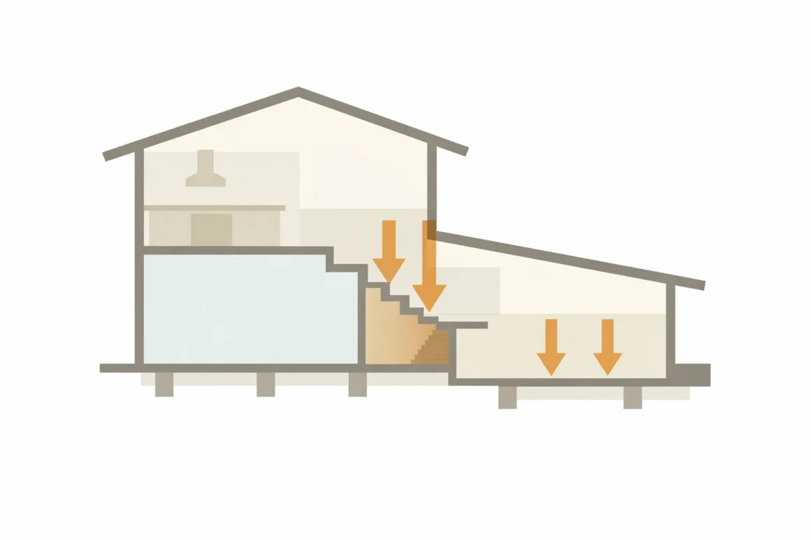 Conceptual illustration showing how structural loads in a split-level kitchen often concentrate near stair landings and offset floor levels.
