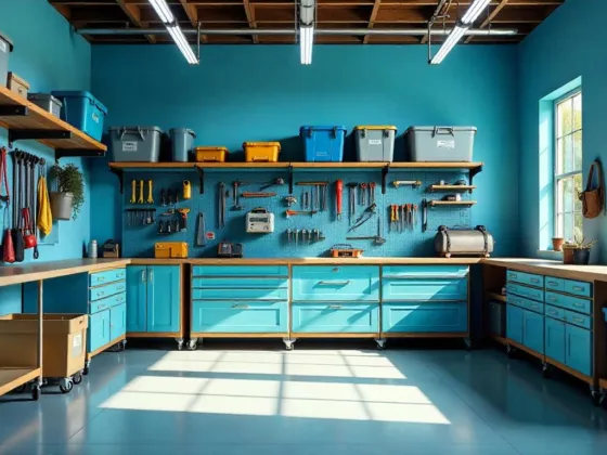 A modern garage with vibrant blue walls, heavy-duty overhead storage racks filled with clear plastic bins, neatly arranged tools on a pegboard, and bright LED strip lighting casting a cool glow, set during a sunny summer afternoon.