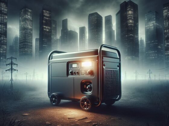A home generator glowing in the foreground, with a dark city skyline in the background.