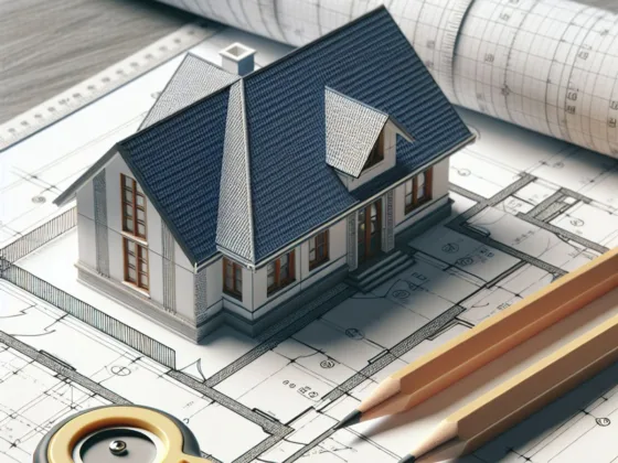 A close-up view of a blueprint with architectural symbols and shapes, a pencil, and a measuring tape.