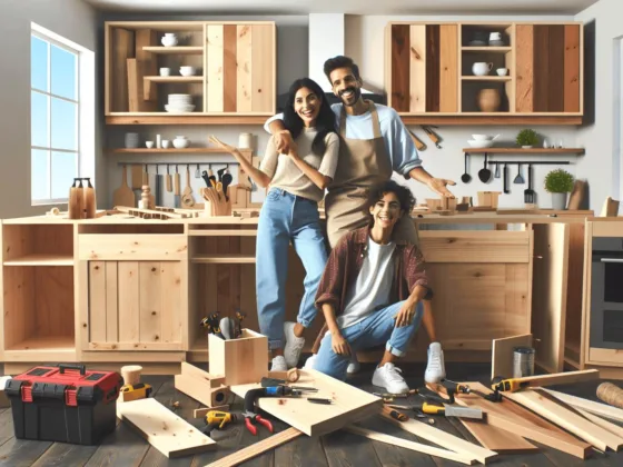 A trendy DIY kitchen featuring bespoke wooden cabinets in various finishes and colors, with a joyful Hispanic family of mixed genders actively engaged in the cabinet project, surrounded by tools and materials, conveying creativity and a personal touch in home improvement.