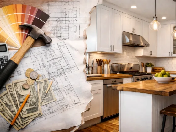 Editorial kitchen remodel planning scene showing tools, design plans, and a finished kitchen space.