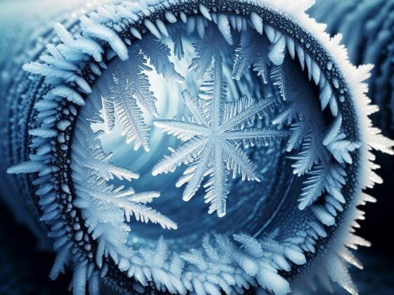 Close-up of intricate frost patterns, shaped like delicate snowflakes, covering a circular pipe.
