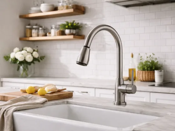 Modern kitchen faucet in a bright, functional kitchen setting with clean surfaces and natural light