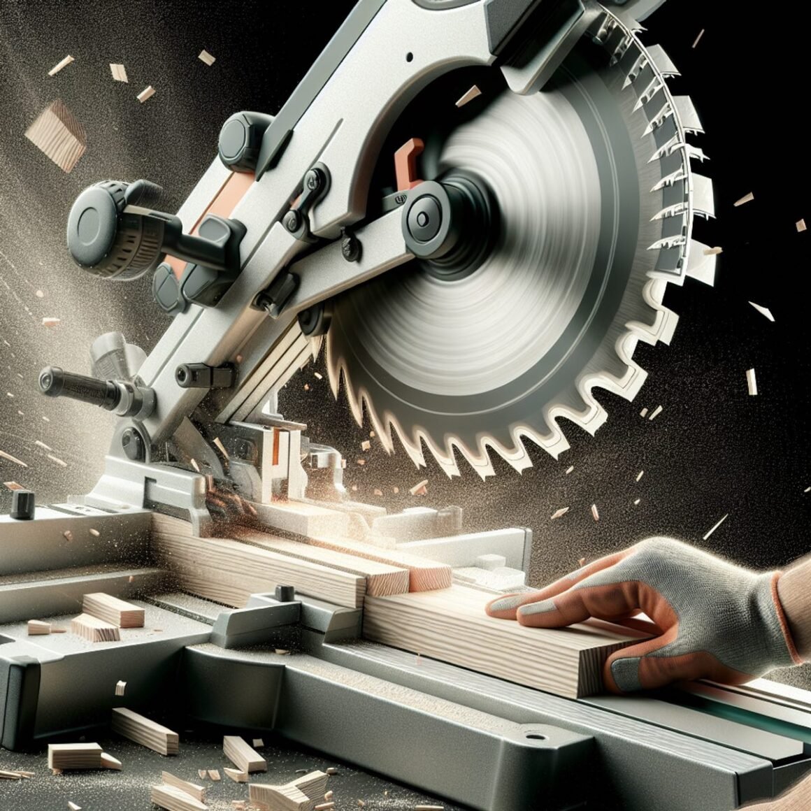 A person using a miter saw to cut wood with sawdust flying in the air.