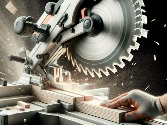 A person using a miter saw to cut wood with sawdust flying in the air.