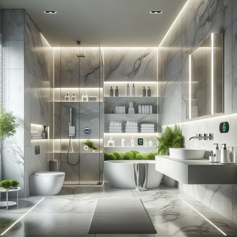 A modern bathroom with a touch sensor faucet, temperature-controlled bidet, and automated soap dispensers. High-quality marble tiling, sleek grays, rich whites, and minimalist design.