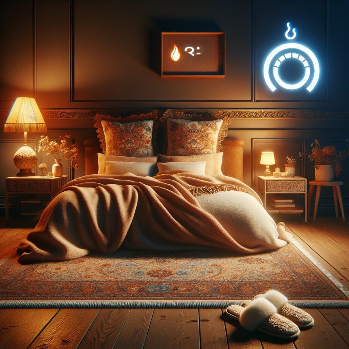 A cozy bedroom with a large, comfortable bed draped in soft blankets and plump pillows, a bedside table with a warm lamp, and a symbol representing a thermostat on the wall.