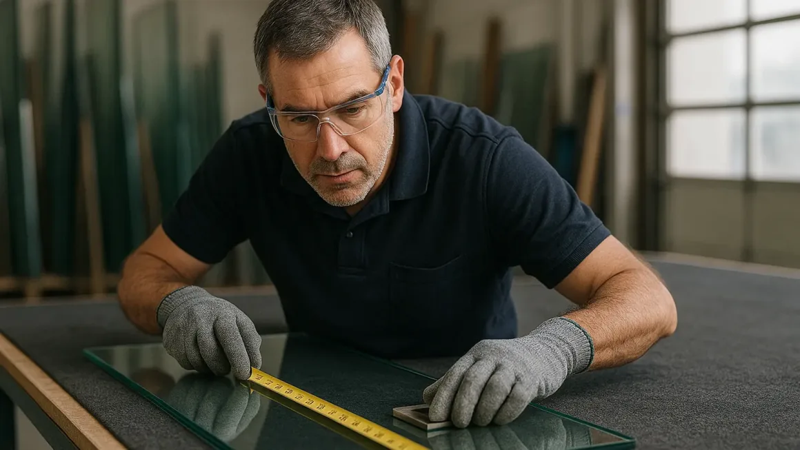 Glazier measuring safety glass — cutting after tempering is not permitted (ASTM C1048).