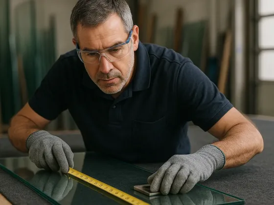Glazier measuring safety glass — cutting after tempering is not permitted (ASTM C1048).