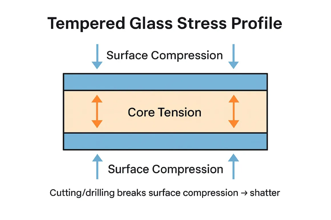 Tempered glass stress profile—surface compression layers and core tension; cuts/drills after tempering break the compression layer.