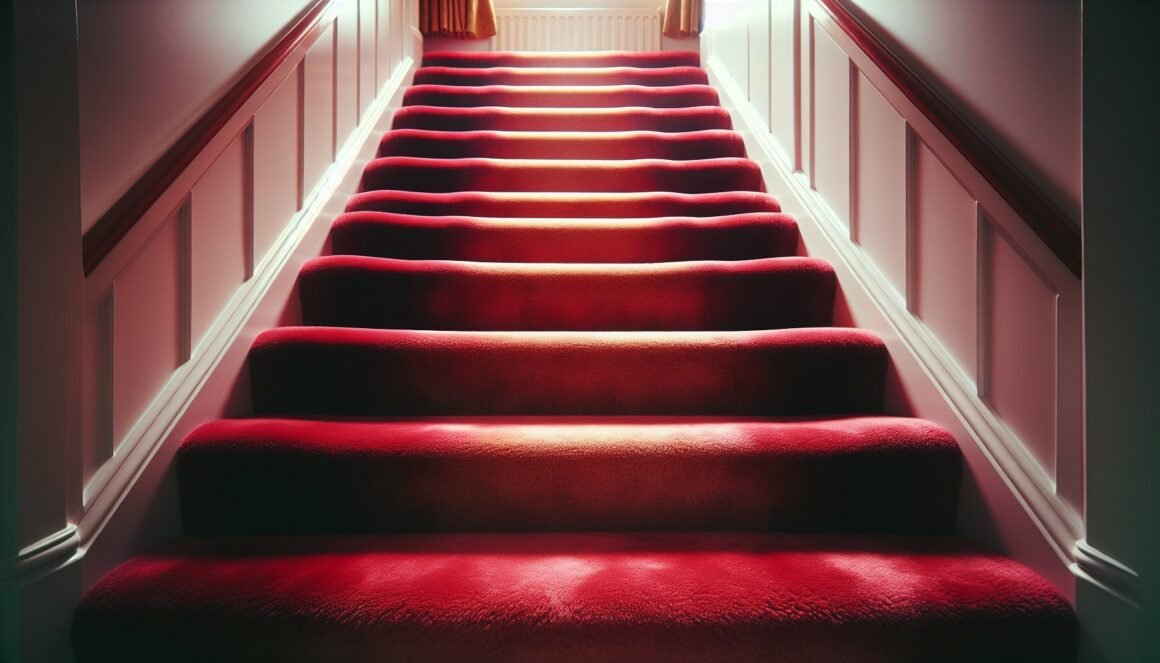 A vibrant, plush carpeted staircase leading upwards.