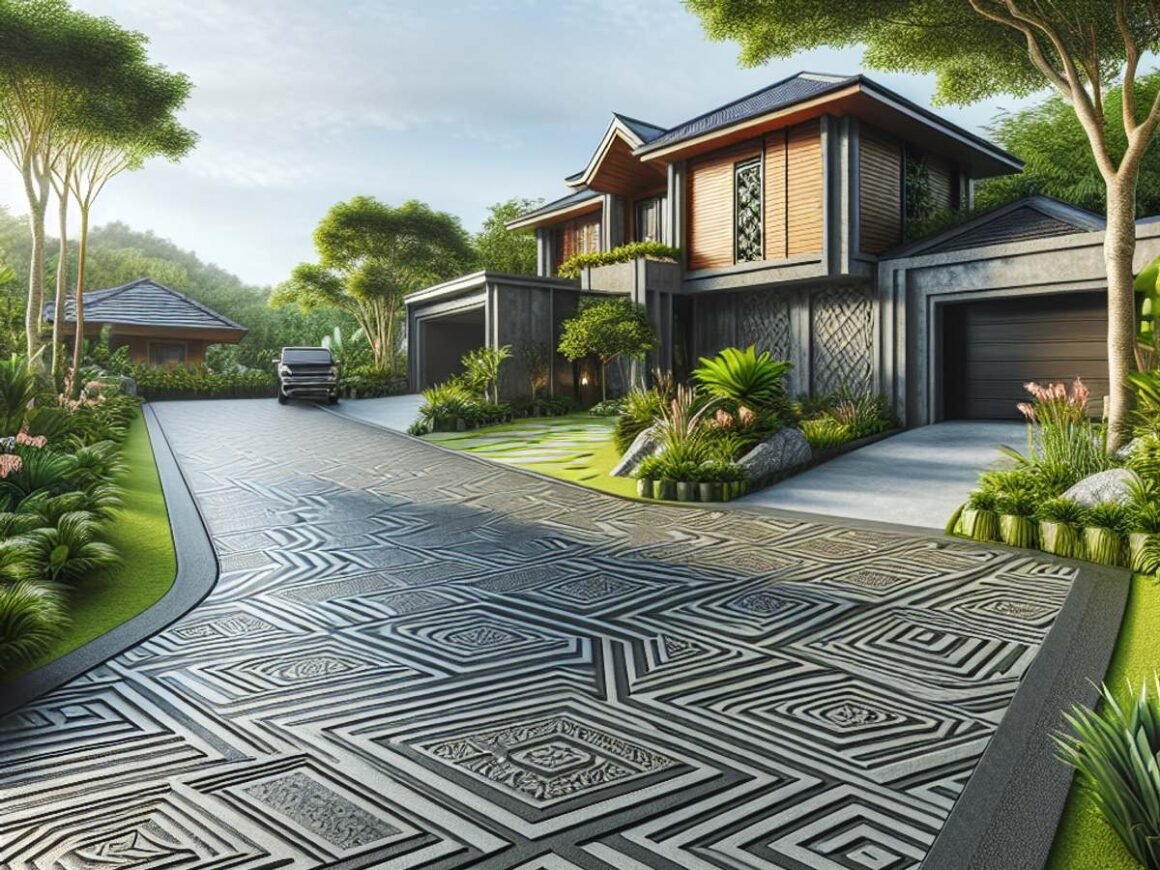A geometric patterned concrete driveway leading up to a residential house, surrounded by lush greenery.
