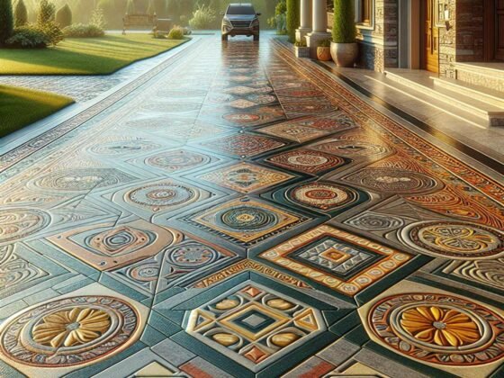 Patterned concrete driveway with intricate geometric shapes, wet from the rain and reflecting sunlight.
