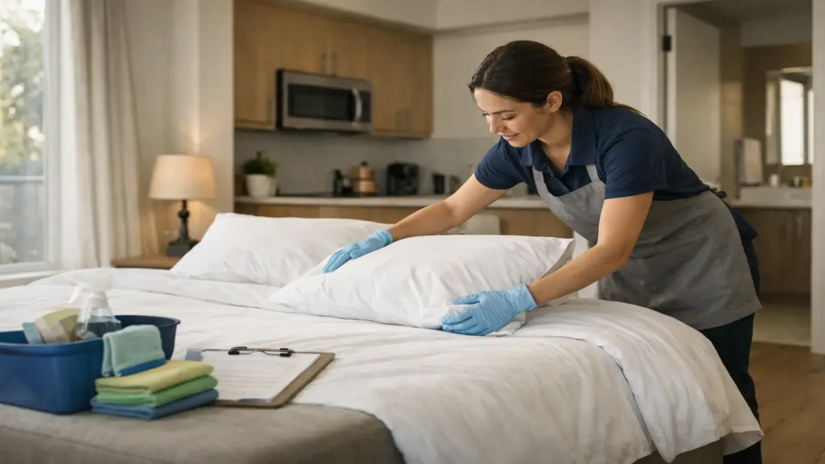 Professional cleaner preparing an Airbnb rental using a structured cleaning checklist