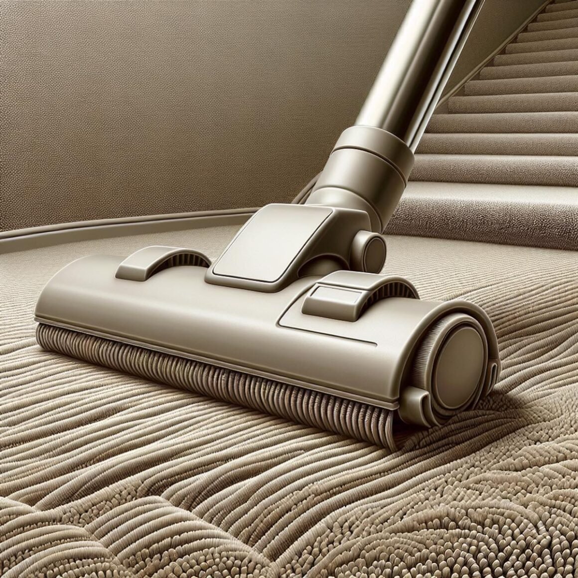 A close-up photo of a vacuum cleaner nozzle smoothly gliding over a luxurious, plush carpet on a staircase.