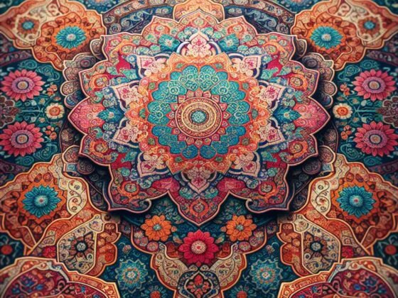 A colorful prayer mat with intricate patterns and symbols.