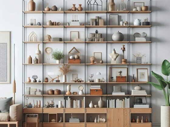 Stylish and organized living room with purpose-built shelving, art objects, antique items, and indoor plants.