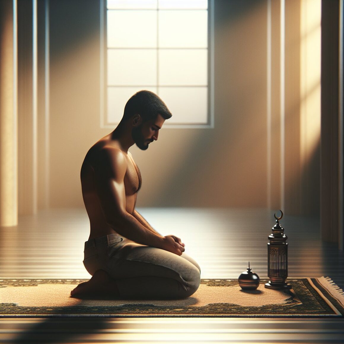A Hispanic man kneels on a prayer mat in soft, illuminated surroundings, exuding tranquility and spirituality.
