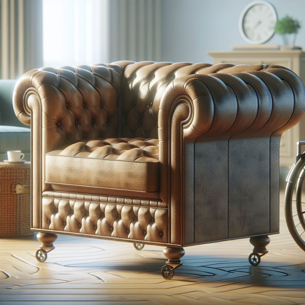 A vintage-style Chesterfield sofa with rich, sumptuous upholstery and added features for senior safety and comfort.