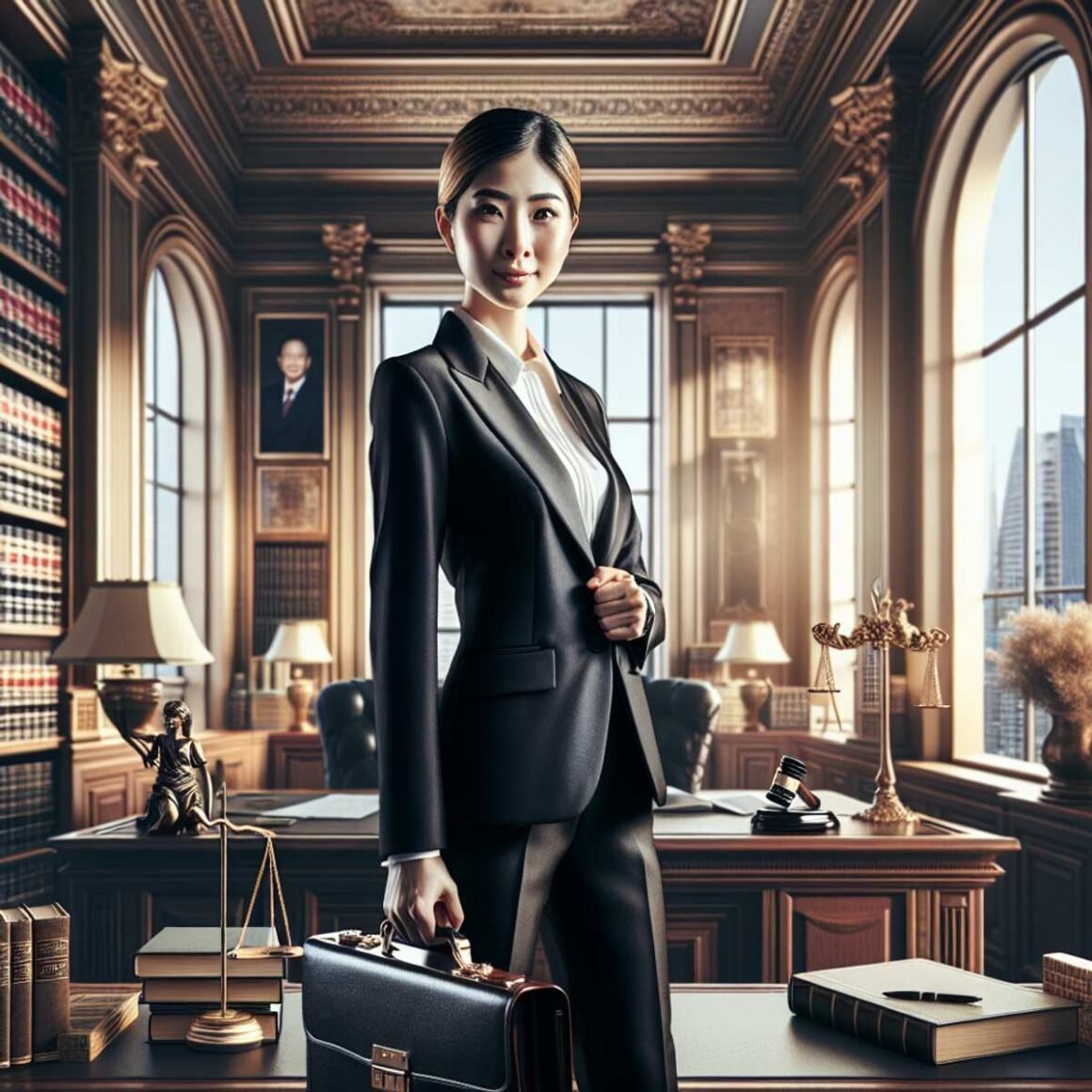 A woman in a professional suit, holding a briefcase and exuding confidence in an opulent office with law books and a city skyline view.