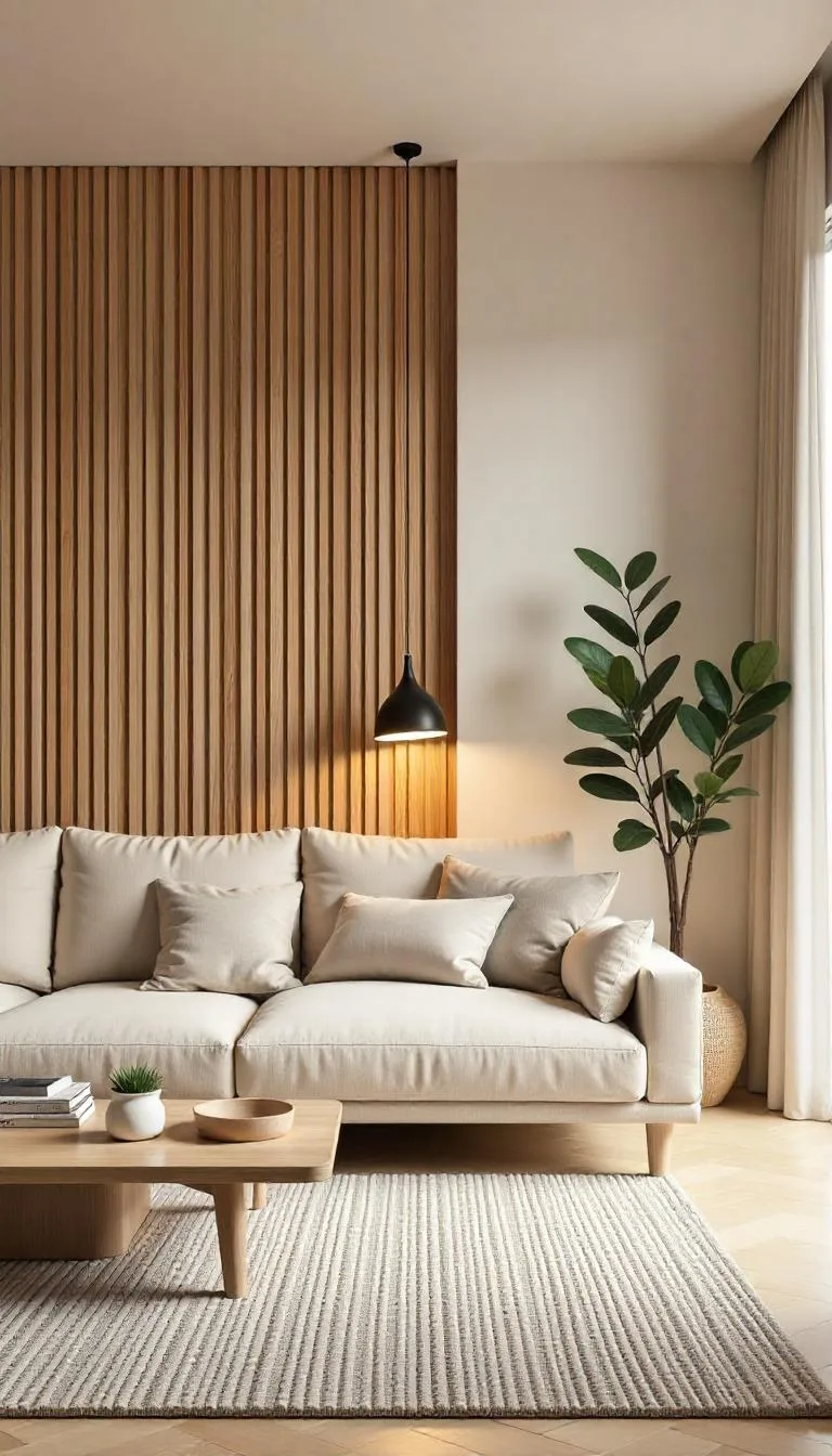 Cozy living room with wooden slat accent wall, natural light wood tones, and minimalist Scandinavian design in a modern interior.