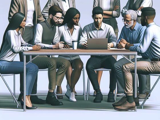 A diverse group of colleagues collaborating at a table.