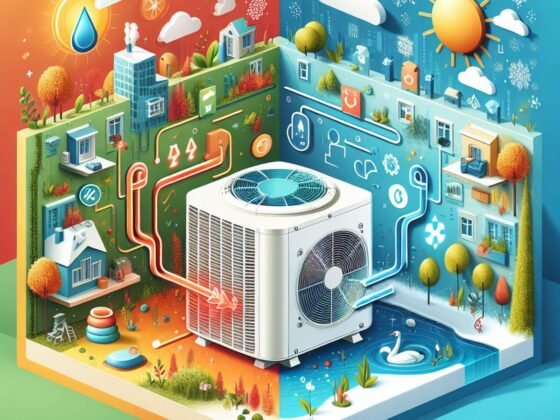 A heat pump in the center of the image, with one side showing a sunny summer day and the other side depicting a cozy winter setting