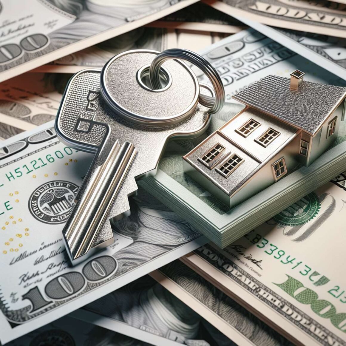 A shiny metallic house key with prominent teeth resting on a thick stack of currency notes of different countries.