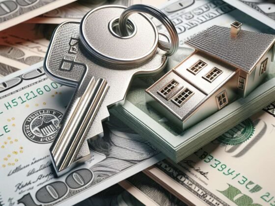 A shiny metallic house key with prominent teeth resting on a thick stack of currency notes of different countries.