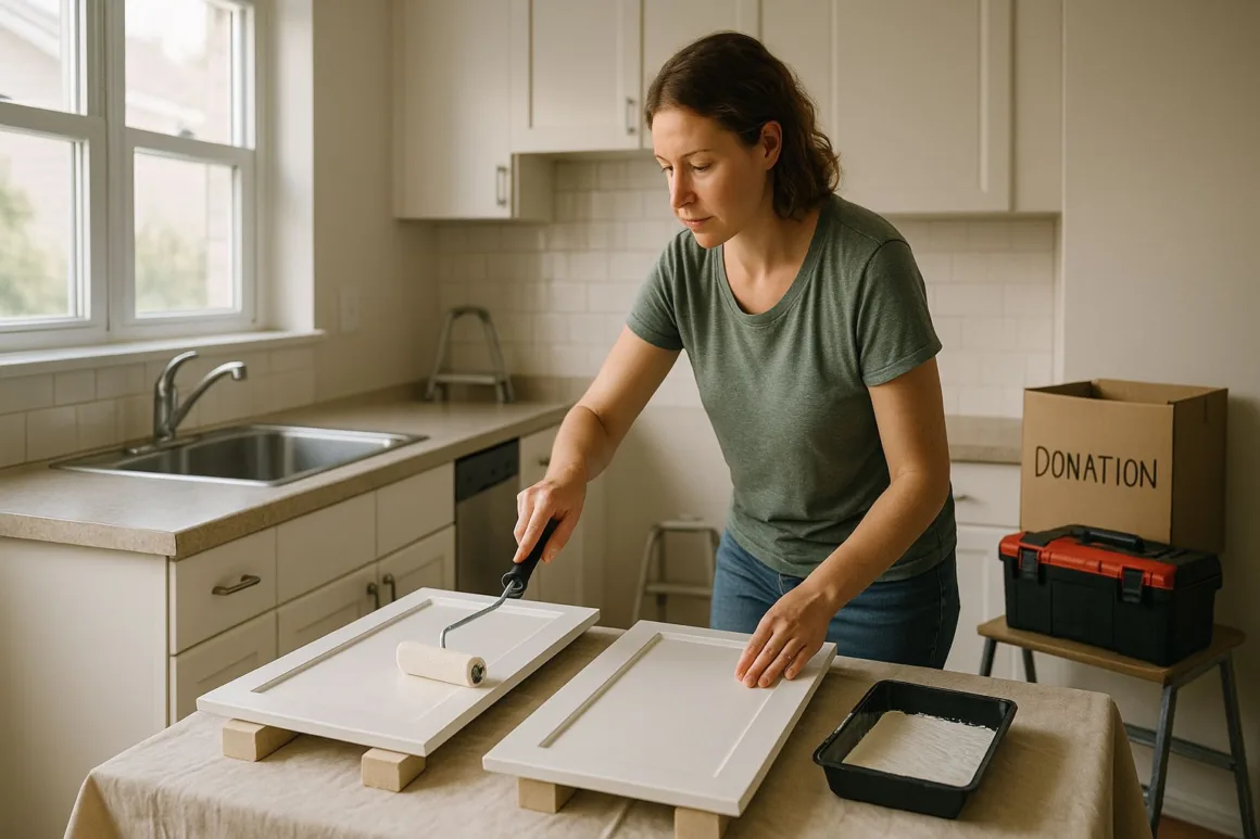Homeowner repainting kitchen cabinets with donated paint and reused hardware to renovate with no money.