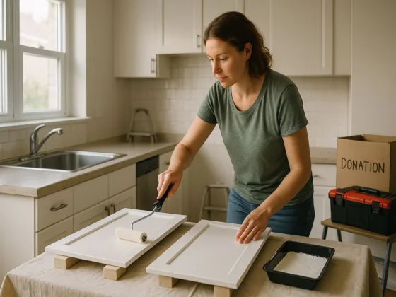 Homeowner repainting kitchen cabinets with donated paint and reused hardware to renovate with no money.