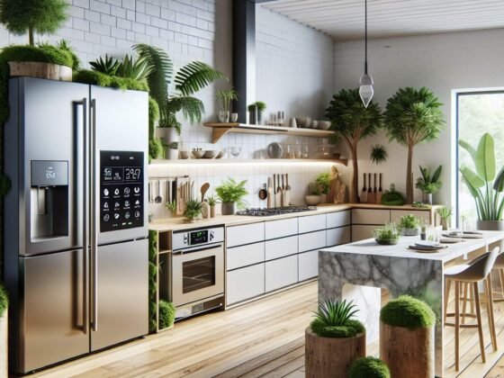 Modern eco-friendly kitchen with energy-efficient appliances, recycled materials, indoor plants, repurposed countertops, and sustainable flooring.