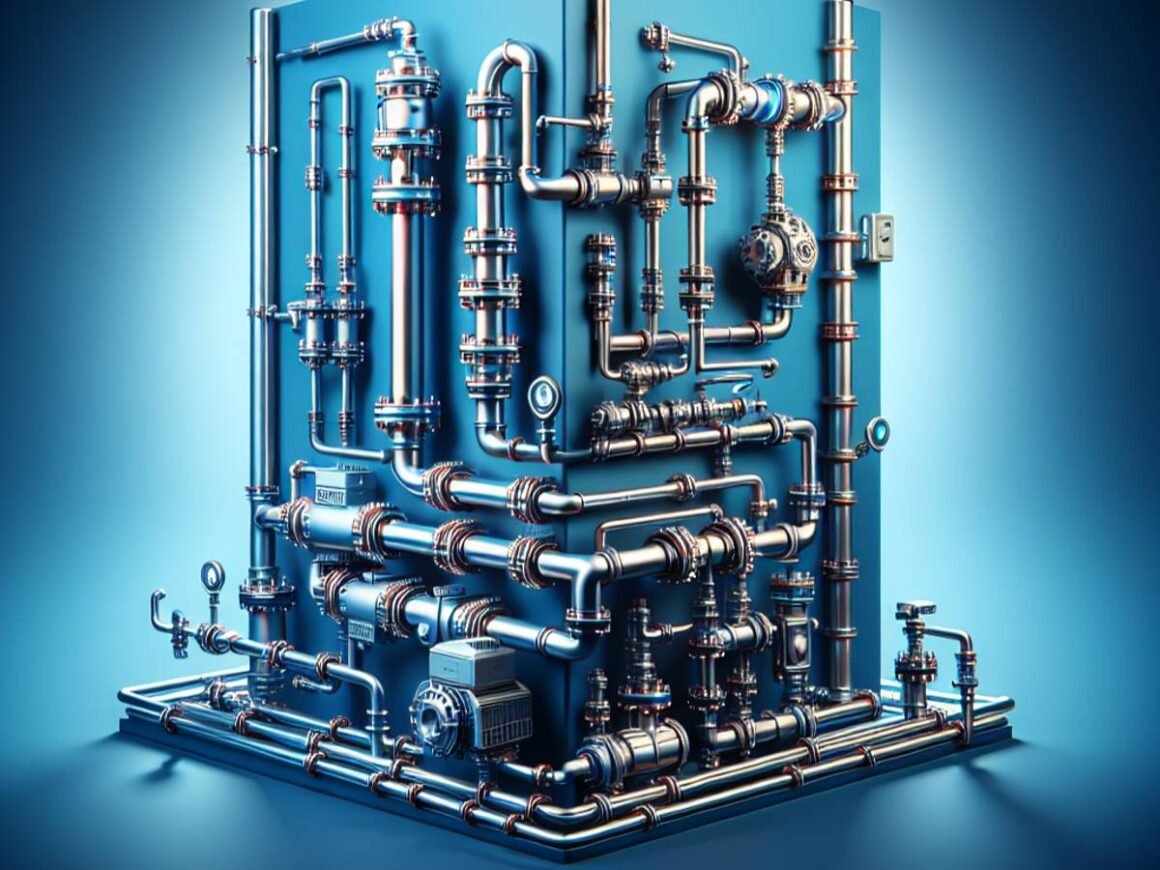 A network of shiny silver pipes interwoven with precision, showcasing a clean and efficient fuel gas piping system.