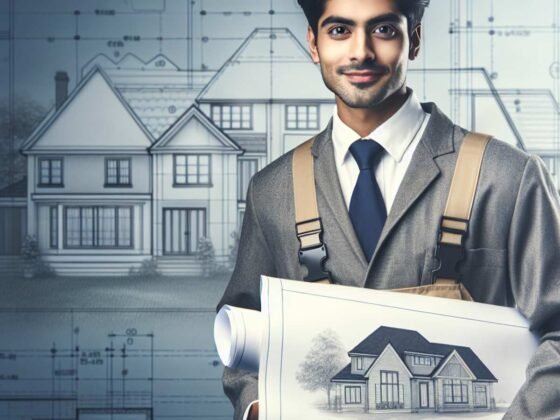 A contractor descent in work attire holding a detailed blueprint of a house, surrounded by potential home designs.