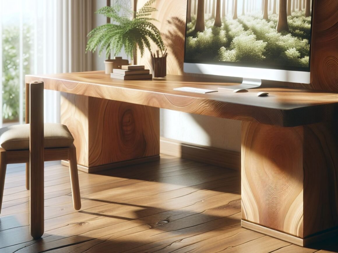 A natural wood desk with an elegant and warm aura, reflecting the beauty of nature.