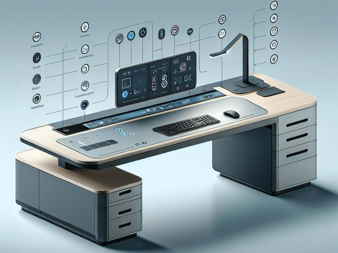 A modern office desk with built-in USB ports, wireless charging stations, cable management features, adjustable lighting, and a touchscreen control panel.