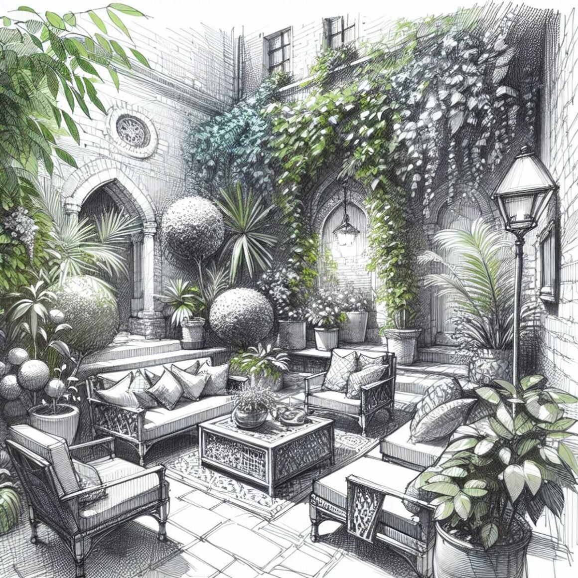 A peaceful oasis with a stone path, lush plants, and a cozy seating area.